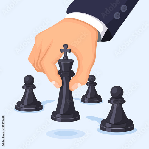 Business concept illustration. Hand moving chess. Visualization of leadership