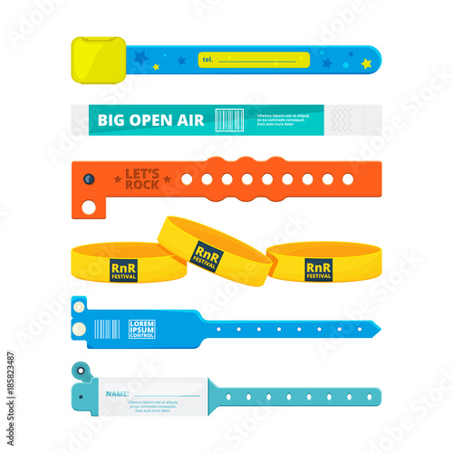 Entrance bracelets for public concerts or hotel, stadium, private zone. Vector design templates