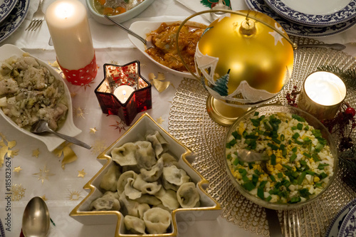 beautifully decorated table on christmas dinner in Poland on christmas eve photo