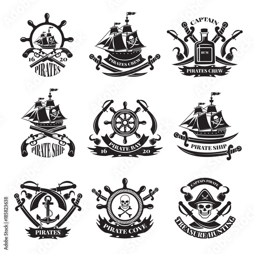 Pirate skull, corsair ships, symbols of piracy. Monochrome labels set