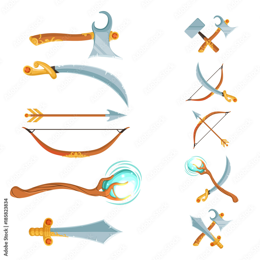 Vector set of fantasy cartoon game design crossed and in the row swords, axes, staffs and bow weapon isolated on white background