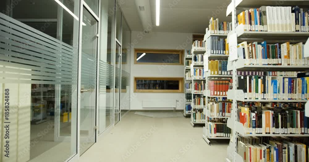 Interior of the library passages with shelves full of books. Light room. Camera rolling among books shelves. Indoors Interior of the library passages with shelves full of books. Light room. Camera rolling among books shelves. Indoors