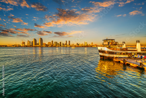 Ferry boat in San Diego at sunset photo