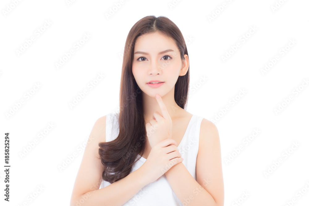 Portrait of beautiful asian woman makeup of cosmetic, girl hand touch mouth and smile attractive, lips beauty perfect with wellness isolated on white background with healthcare concept. Portrait of beautiful asian woman makeup of cosmetic, girl hand touch mouth and smile attractive, lips beauty perfect with wellness isolated on white background with healthcare concept.