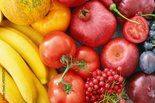 Delicious ripe fruits and vegetables  closeup