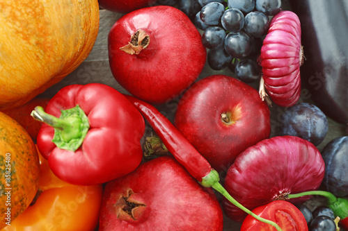 Delicious ripe fruits and vegetables  closeup