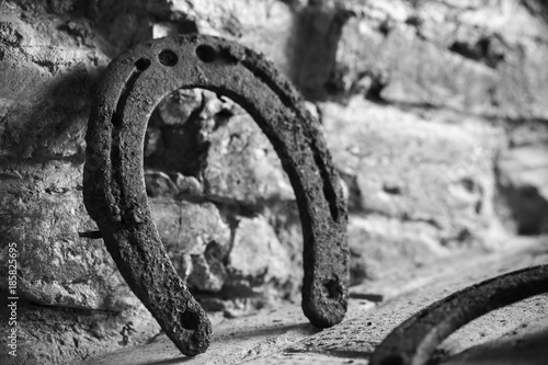 Old rusted horseshoe stands near wall