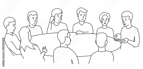 Round table talks. Team business people meeting conference nine people. White background stock illustration vector