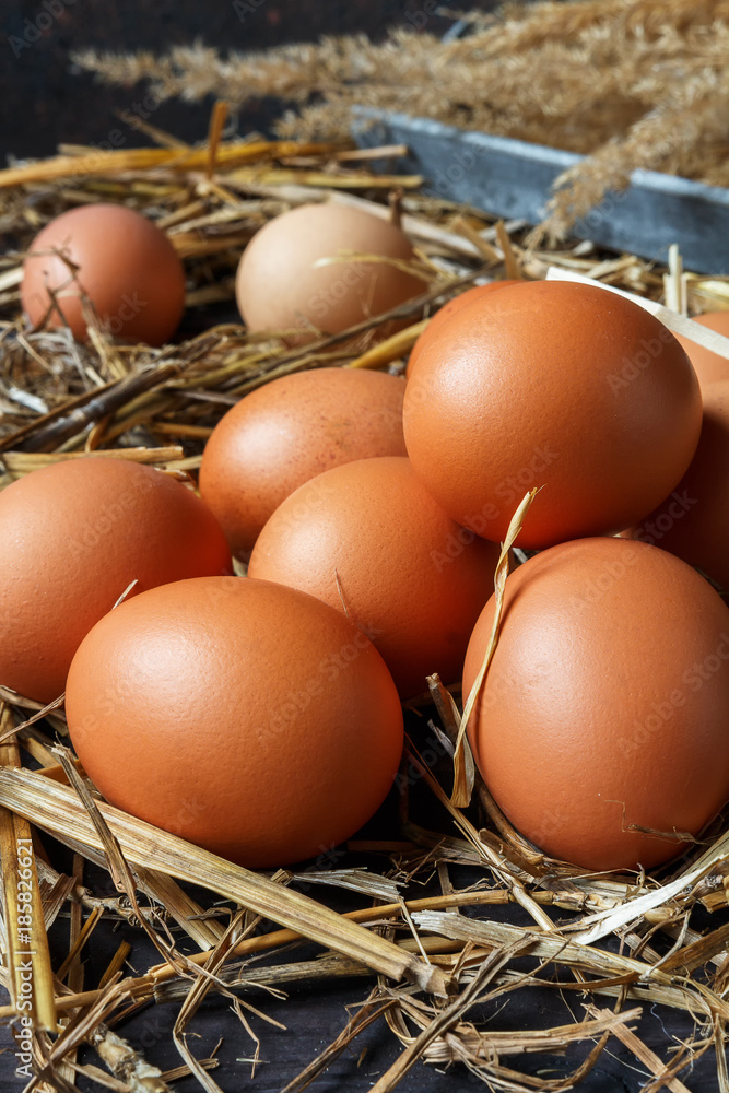 Eggs of brown chicken on a wooden background with straw with copy space in rustic vintage style Eggs of brown chicken on a wooden background with straw with copy space in rustic vintage style