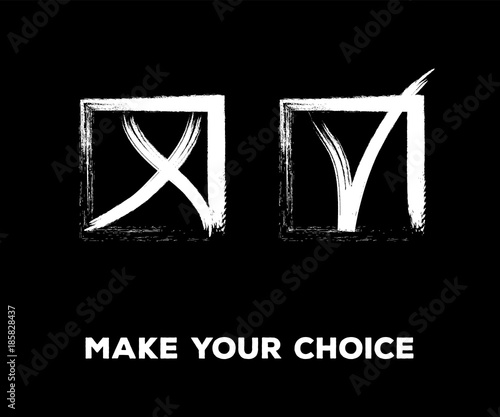 Yes and No Vector Set Square Frames, Isolated.  Hand Painted Election, Quizz, Voting, Test Symbols. Ink Brush Rejection and Approval, Query Choice Icons. Yes and No Tick and Cross Symbolic Marks.