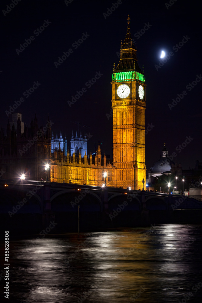 London cityscape with Westminster Bridge and Elizabeth Tower or Big Ben at night