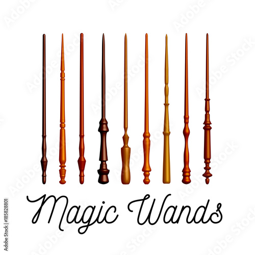 Set of wooden magic wands on white background. Vector