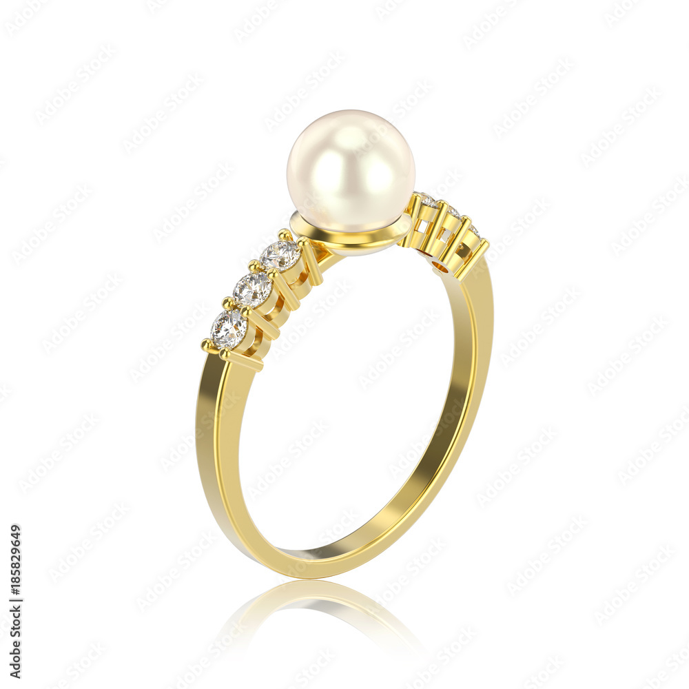 3D illustration isolated yellow gold diamond ring with pearl with reflection 3D illustration isolated yellow gold diamond ring with pearl with reflection