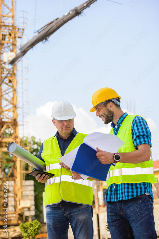 Workers in hardhat and green jacket posing on building site Workers in hardhat and green jacket posing on building site