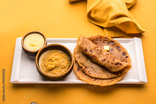 Puran Poli / Puranpoli / Holige / Obbattu - Indian sweet flatbread, selective focus
 photo