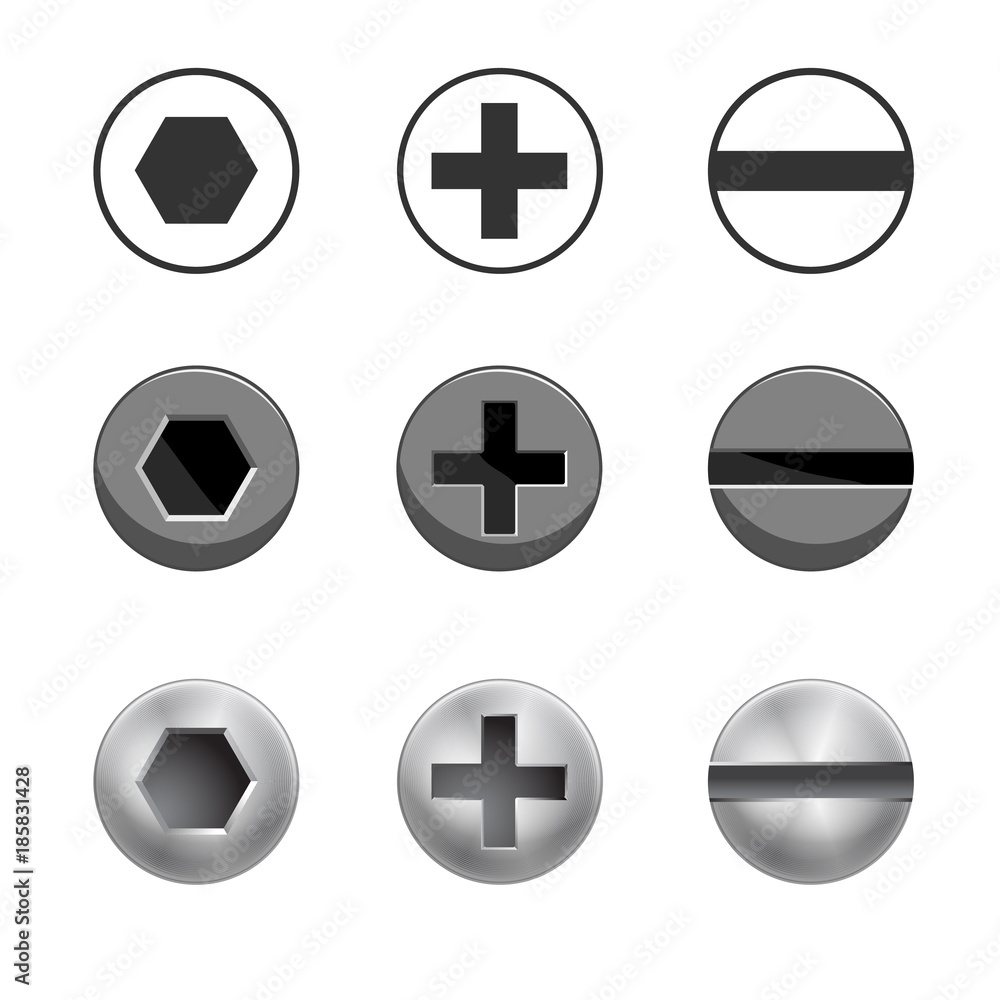 A set of metal shiny screws and bolts for use in your designs A set of metal shiny screws and bolts for use in your designs