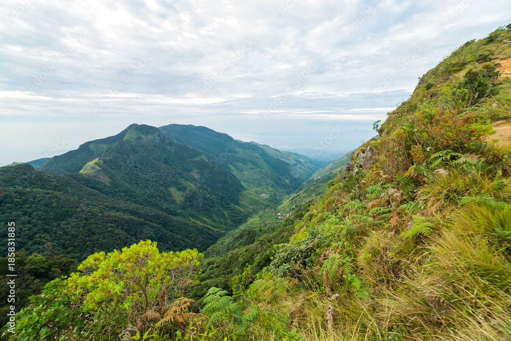 Mountains Landscape cloud forest. Worlds End in Horton Plains National Park Sri Lanka.