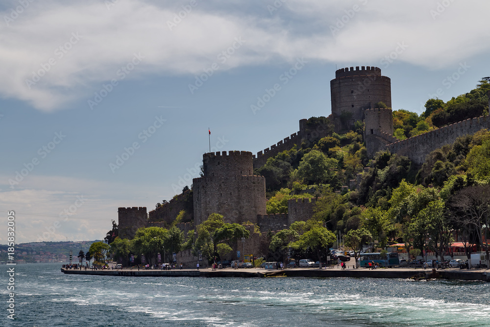 Bosporus Sea view of citadel, fortress Castle Rumelian, Outdoor Istanbul city. Turkey landmark