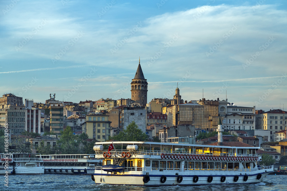Fototapeta premium Passenger ferry ship on the Gulf Golden Horn, Sea front landscape of Istanbul historical part, Turkey famous city.