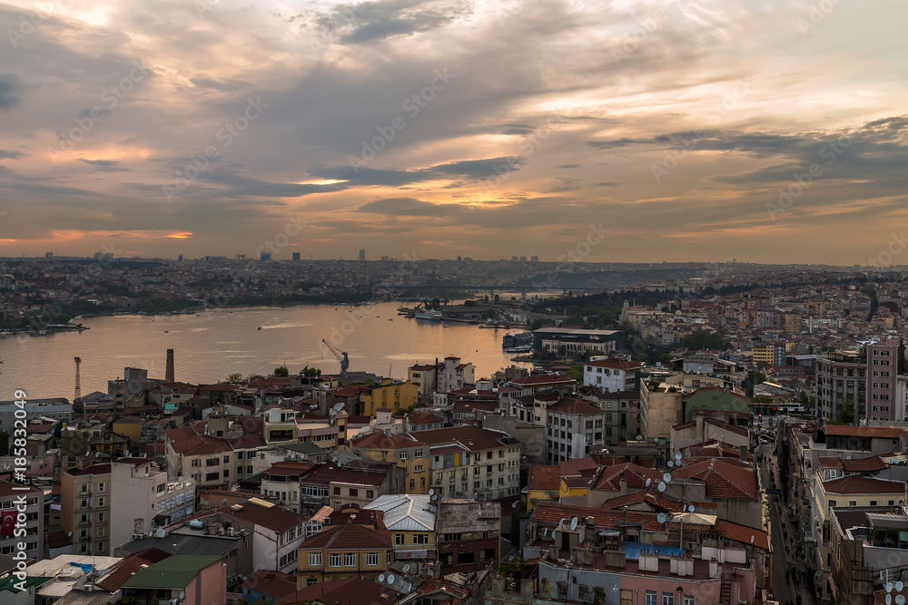 Panorama summer of Cityscape of Golden horn with ancient street and modern buildings in Istanbul Turkey from the Galata Tower Old Town. Turkey