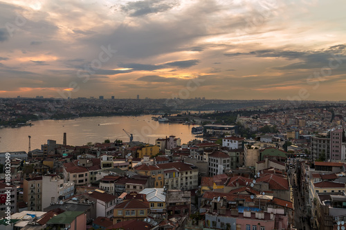 Panorama summer of Cityscape of Golden horn with ancient street and modern buildings in Istanbul Turkey from the Galata Tower Old Town. Turkey