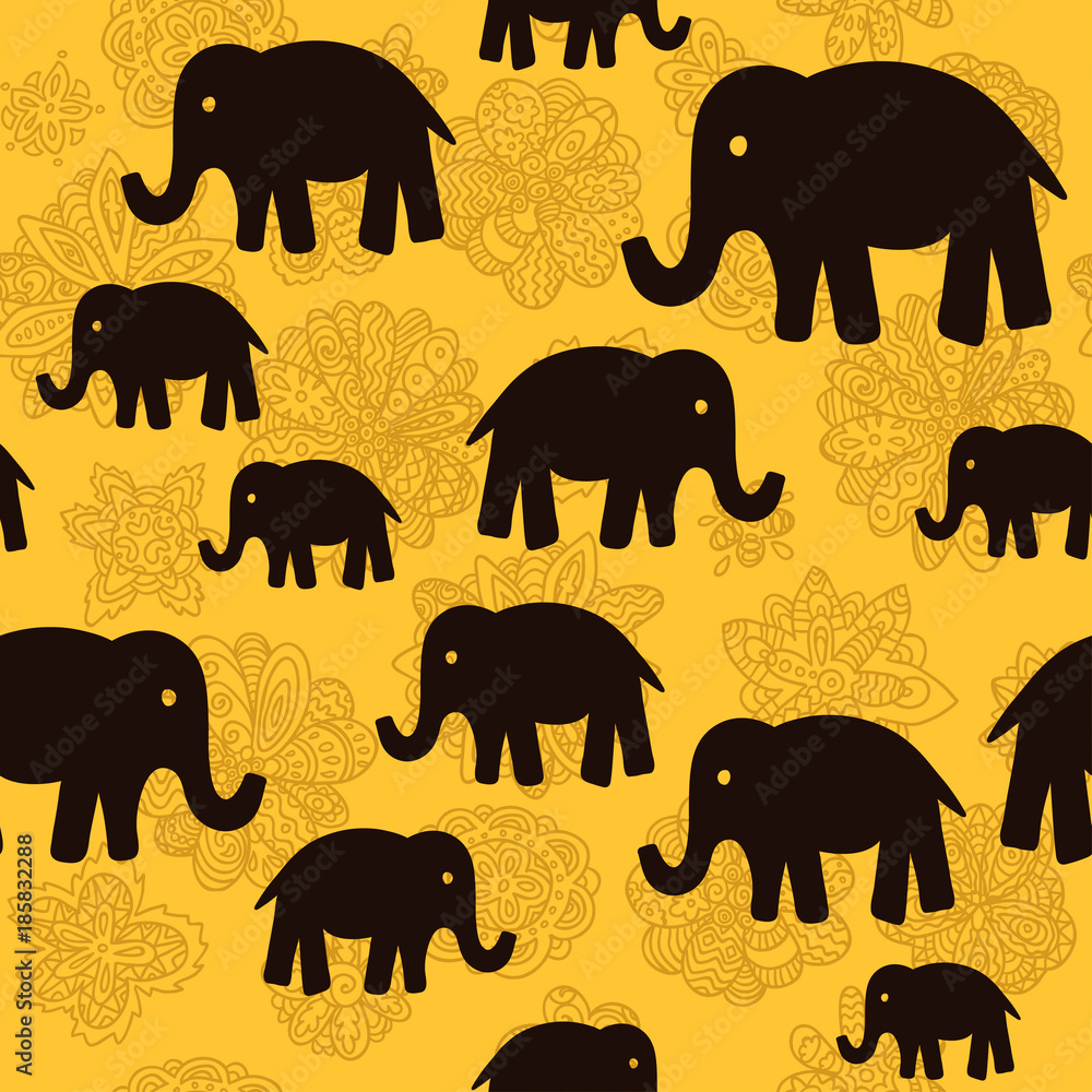 Fototapeta premium Vector floral and elephants seamless wallpaper background pattern design. Can be used for textile, website background, book cover, packaging.