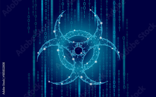 Computer web virus attack danger. Biohazard sign epidemia alert data information safety secure warning. Hacker quarantine pollution toxic concept triangle polygonal line blue vector illustration