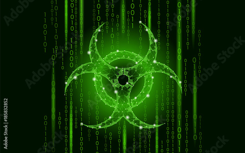 Computer web virus attack danger. Biohazard sign epidemia alert data information safety secure warning. Hacker quarantine pollution toxic concept triangle polygonal line green vector illustration
