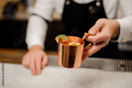 Bartender in apron presents alcoholic cocktail with ginger and lime © fesenko