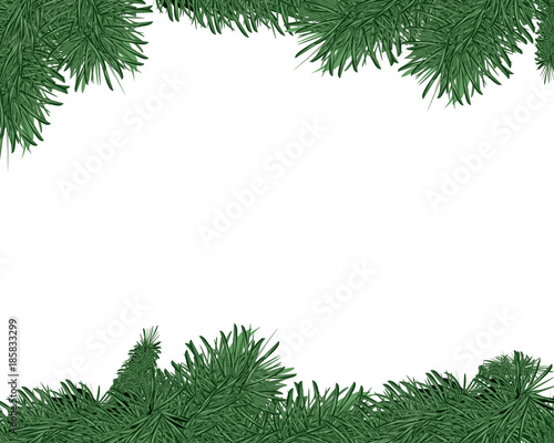 Spruce vector frame. Christmas border. Branches of fir tree with decoration. Transparent background.