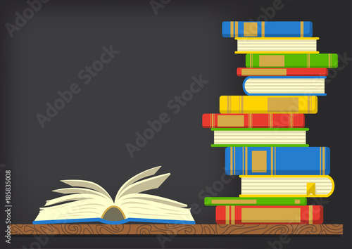 Stack of books with open book on dark background. Knowledge, education, studying background. Vector illustration with place for your text.