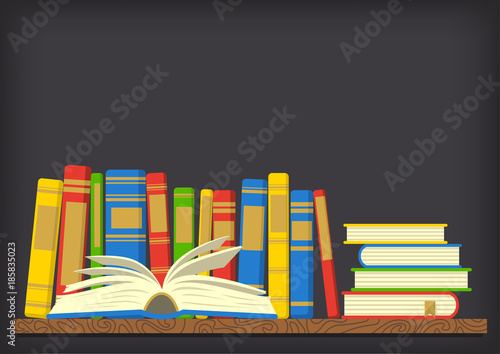 books on shelf on dark background. Knowledge, education, studying background. Vector illustration with place for your text.