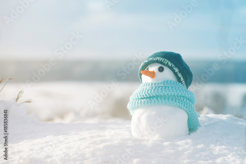 Fototapeta Little snowman in a cap and a scarf on snow in the winter