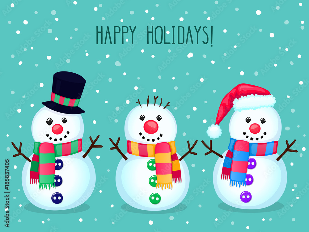 Christmas vector greeting card with cute snowmen. Colorful winter cartoon  background. New year vector illustration with text 
