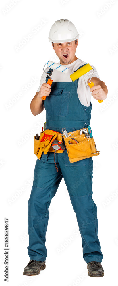 Full length portrait of a male builder in with helmet over white wall background. repair, construction, building, people and maintenance concept. Full length portrait of a male builder in with helmet over white wall background. repair, construction, building, people and maintenance concept.