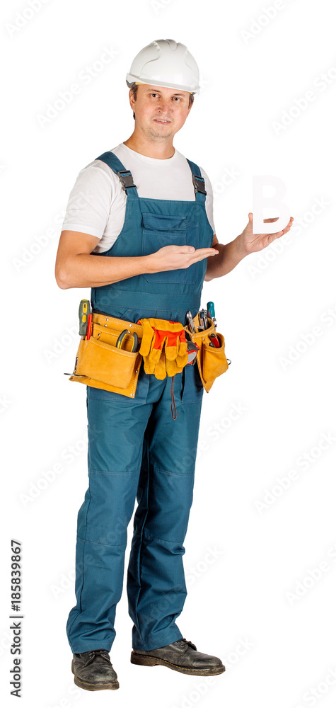 Full length portrait of a male builder in with helmet over white wall background. repair, construction, building, people and maintenance concept. Full length portrait of a male builder in with helmet over white wall background. repair, construction, building, people and maintenance concept.