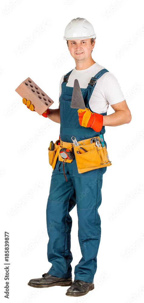 Full length portrait of a male builder in with helmet over white wall background. repair, construction, building, people and maintenance concept. Full length portrait of a male builder in with helmet over white wall background. repair, construction, building, people and maintenance concept.