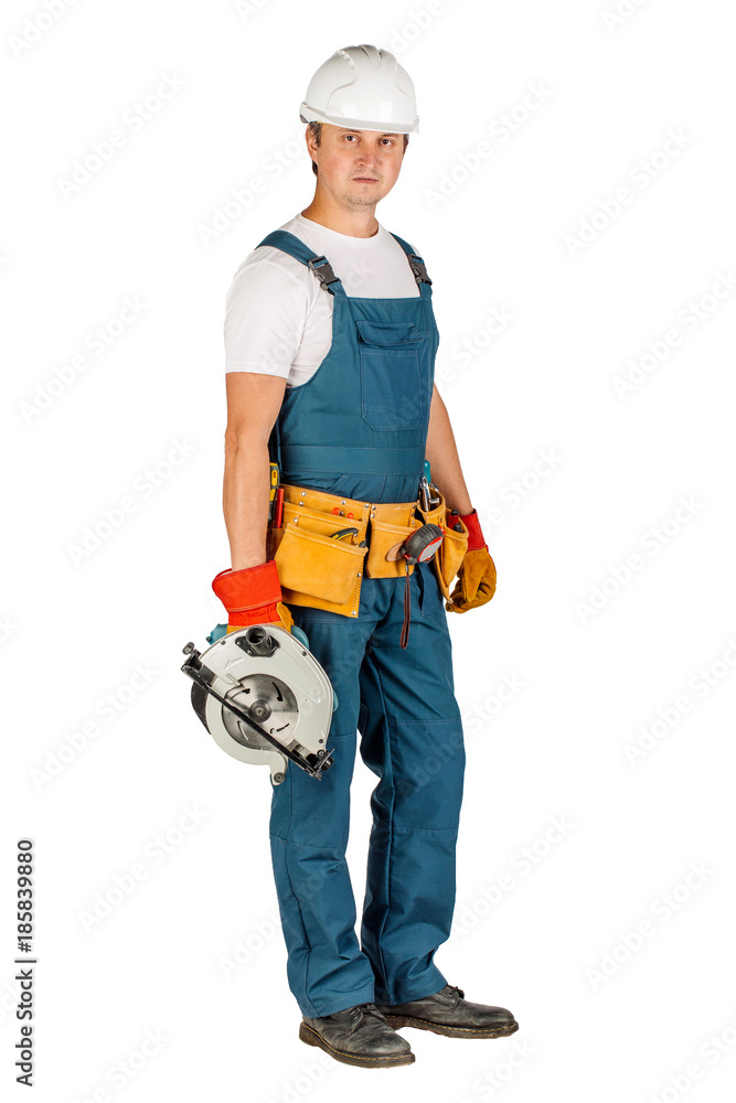 Full length portrait of a male builder in with helmet over white wall background. repair, construction, building, people and maintenance concept. Full length portrait of a male builder in with helmet over white wall background. repair, construction, building, people and maintenance concept.