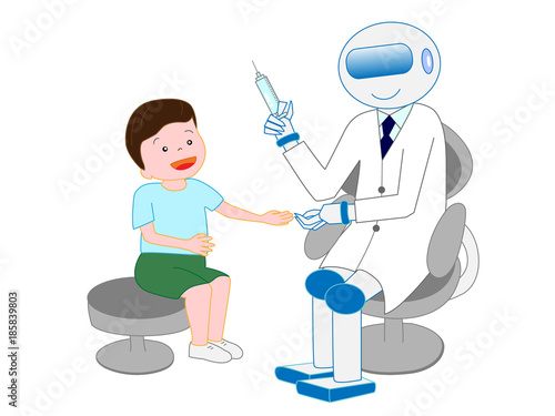 人工知能を持ったロボットの医者が患者に注射をしている。