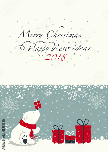 Depicts a seated little polar bear with gift box on the nose. The white Polar bear with the red scarf. Phrase merry Christmas and a happy New year ,numbers 2,0,1,8 on the white background.