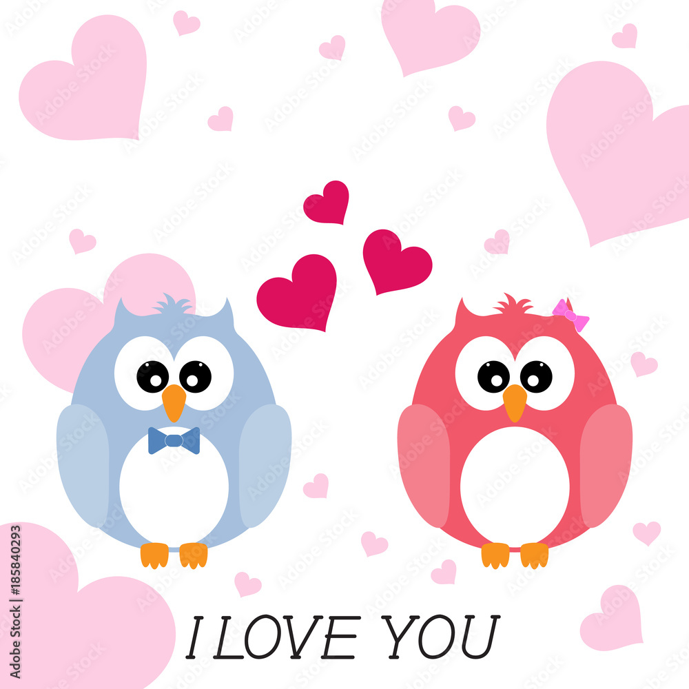 Greeting card flat style  two loving owls, happy birds.
