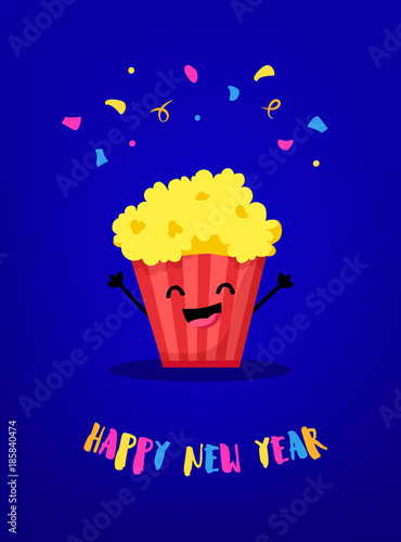 Cartoon popcorn hands up and smiles. Flat style. Happy New Year card. Vector.