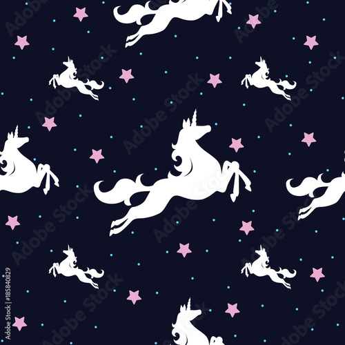 Pattern unicorn with stars and dots on the dark background. © Iryna