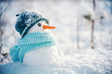 Little snowman in a cap and a scarf on snow in the winter. Festive background with a lovely snowman. Christmas card, copy space