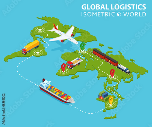 Global Logistic Isometric Vehicle Infographic. Ship Cargo Truck Van Logistics Service. Import Export Chain. Ensured Deliveries Drawing. Distribute Objects Shipment Vector. Fast Delivery Shipping