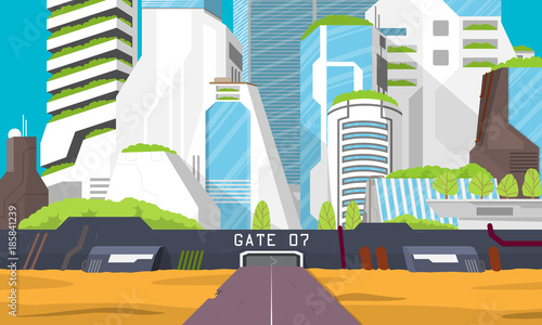 The city of the future is an oasis in the desert. Flat design. Vector illustration