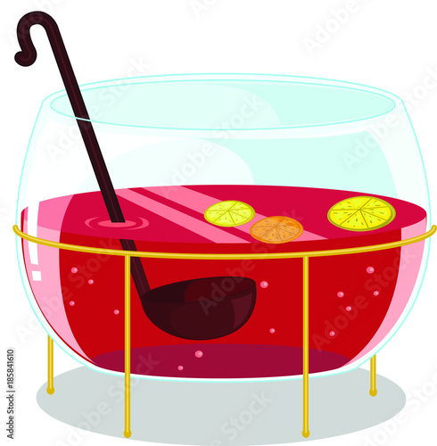 Punch bowl with CO2, ladle and lemon slices. VECTOR