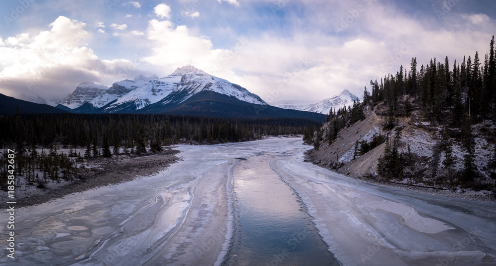 The icy landscape in Jasper National Park located in Alberta, Canada