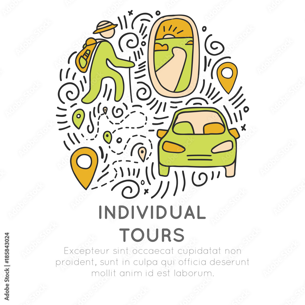 Invividual tours hand draw cartoon vector icon concept. Icon about individual travel, porthole, airplane, car, hikking man in round form with decorative elements. Travelling tour icon concept