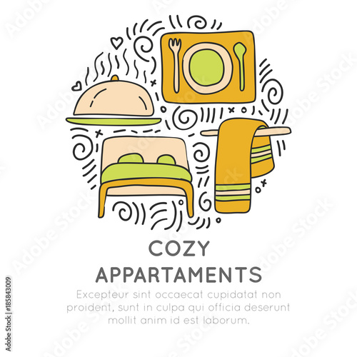 Cozy appartments hand draw cartoon vector icon concept. Bed, towel and food attributes about hotel and resorts in circle form with decorative elements. Hotel and resort icon collection. Set of cozy
